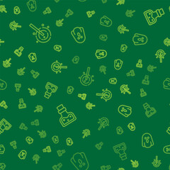 Set line Magic wand, Bottle with potion and Ghost on seamless pattern. Vector