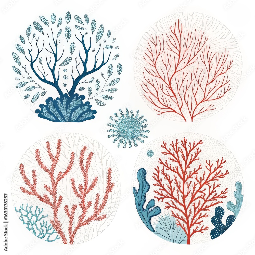 Aufkleber illustration of trees and coral in circles with a virus like object in the center on white backgroun