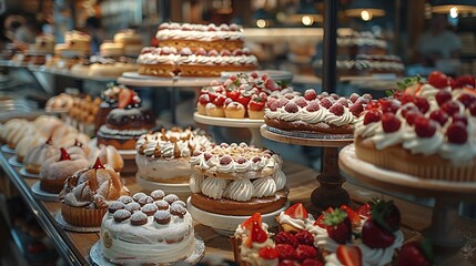 Naklejka premium Decadent dessert display featuring beautifully decorated cakes and pastries with fresh berries and cream