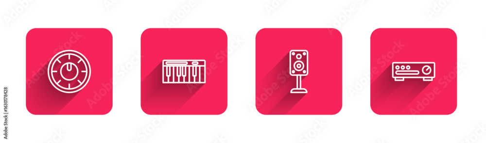 Poster set line sound mixer controller, music synthesizer, stereo speaker and with long shadow. red square 