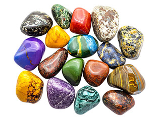 Collection of colorful polished gemstones isolated on transparent background
