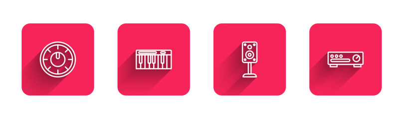 Set line Sound mixer controller, Music synthesizer, Stereo speaker and with long shadow. Red square button. Vector