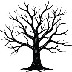 Obraz premium Dead tree silhouette vector, spooky leafless tree illustration, black bare branches icon, eerie nature element for Halloween, horror, forest, or seasonal background and landscape design