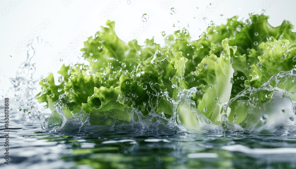 Aufkleber refreshing and invigorating image of lettuce falling and splashing water on a black background, evok