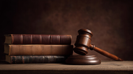Classic wooden gavel and old law books on a rustic table symbolizing justice and legal wisdom