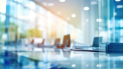 A modern office conference room with glass walls and a sleek, minimalist design.