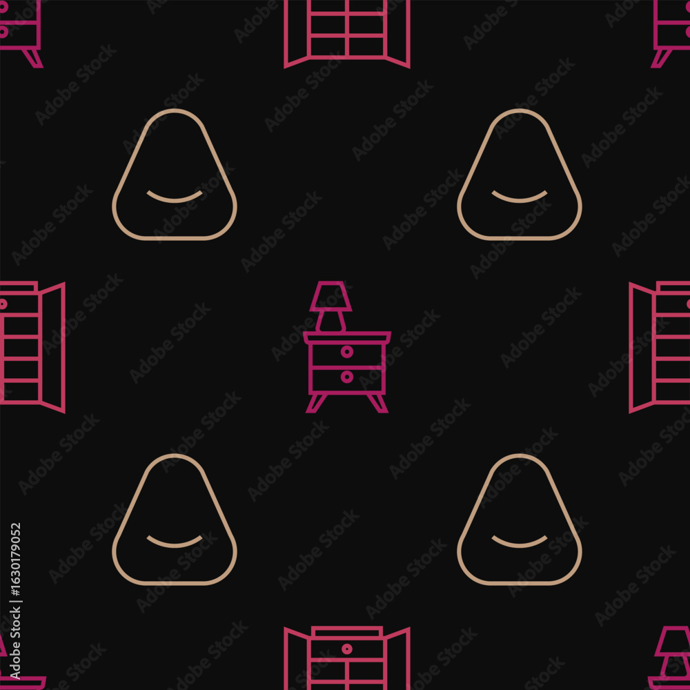Poster set line wardrobe, pouf and nightstand with lamp on seamless pattern. vector