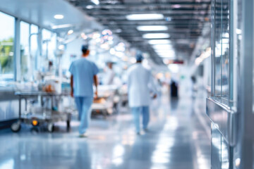 Blurred background of a hospital interior with medical equipment and busy hospital staff in motion