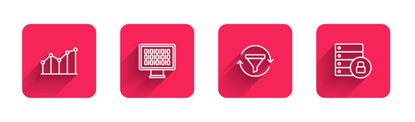Set line Pie chart infographic, Binary code, Sales funnel with and Server security padlock with long shadow. Red square button. Vector