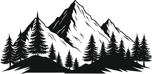 Black mountain landscape silhouette with layered peaks and dramatic horizon, minimal nature scenery vector for travel, hiking, outdoor adventure, wilderness background illustration