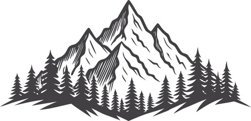 Black mountain landscape silhouette with layered peaks and dramatic horizon, minimal nature scenery vector for travel, hiking, outdoor adventure, wilderness background illustration