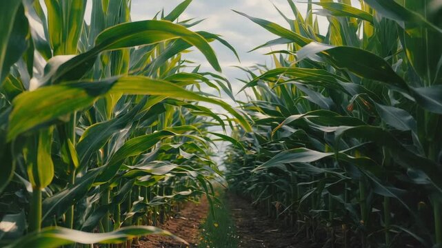 Immersive low-angle perspective through a row of tall, green corn stalks in a thriving agricultural field.