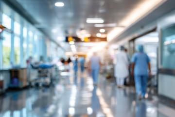 Blurred background of a hospital interior with medical equipment and busy hospital staff in motion