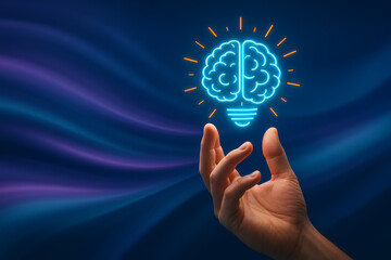 Hand reaching toward glowing brain-shaped light bulb, symbolizing creativity, innovation, and intelligence in a digital or futuristic context