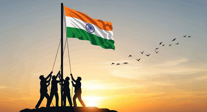 Patriotic illustration of people hoisting the national flag of India against a beautiful sunrise, symbolizing unity and freedom.