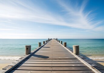 Obraz premium A wooden pier extends over turquoise waters