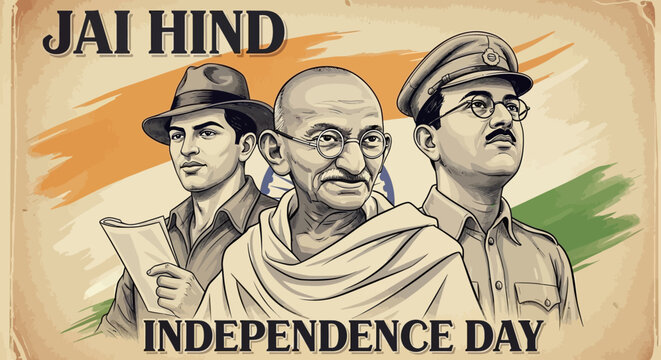 Vintage illustration of Indian freedom fighters Mahatma Gandhi, Bhagat Singh, and Subhas Chandra Bose celebrating India's Independence Day.