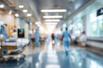 Blurred background of a hospital interior with medical equipment and busy hospital staff in motion