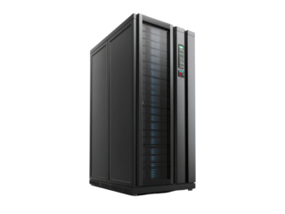 Sleek dark server rack with illuminated blue components and status lights cabinet technology, Isolated, Png Transparent Background
