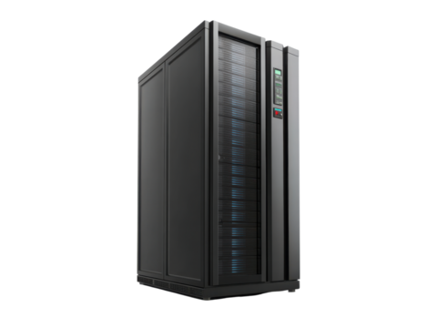 Sleek dark server rack with illuminated blue components and status lights cabinet technology, Isolated, Png Transparent Background