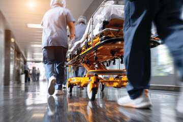 Blurred photo of a healthcare team rushing a stretcher wheels through hospital corridor for emergency surgery or medical crisis 