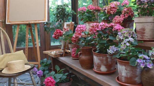 Flowers pink hortensia in flowershop. Gardening at home. Garden flowers for selling in plant nursery or wooden flower greenhouse. Green Plants growing in pots on the patio in glasshouse.	

