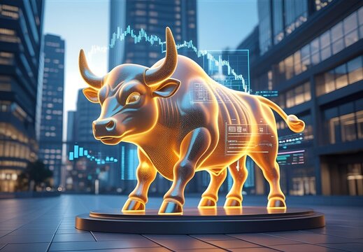 Futuristic financial landmark, glowing bull statue and real-time trading data