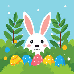 A cheerful white bunny peeks out from behind a bush, with decorated Easter eggs.