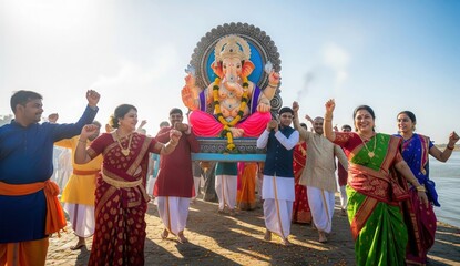 Devotees Carrying Lord Ganesha Idol for Visarjan – Festive Procession Scene