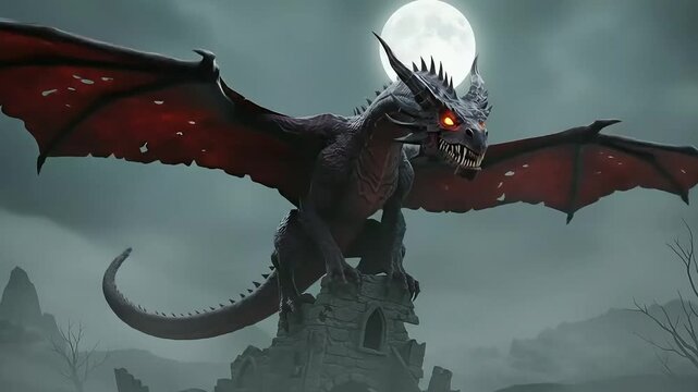 Fire-Breathing Dragon Flying Under the Full Moon
