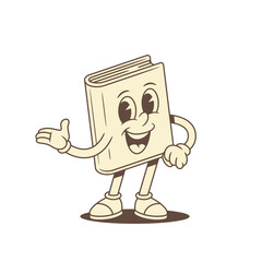 Smiling childish book cartoon character showing inviting promo vector illustration. Comic cute minimalist textbook literature library mascot pointing hand advertising presenting education