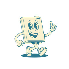 Funny childish book cartoon character walking idea vector illustration. Cute comic minimalist textbook literature library mascot going with up finger innovation invention smart knowledge