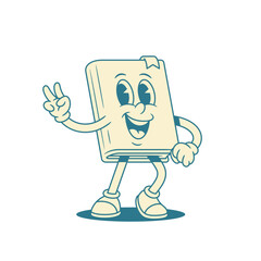 Smiling childish book cartoon character showing peace gesture vector illustration. Cute comic minimalist textbook literature library mascot with positive two fingers gesturing knowledge