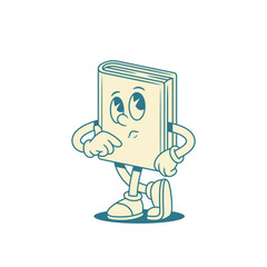 Pensive childish book cartoon character thinking vector illustration. Cute comic minimalist textbook literature library mascot thoughtful doubt emoticon knowledge education