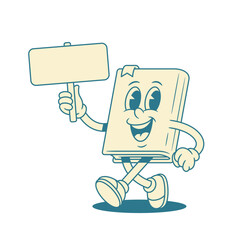 Funny childish book cartoon character with empty signboard vector illustration. Cute comic minimalist textbook literature library education reading mascot walking with sign place for text