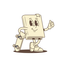 Cool childish book cartoon character with skateboard vector illustration. Funny comic minimalist textbook literature library reading education mascot teenager sport parkour trick