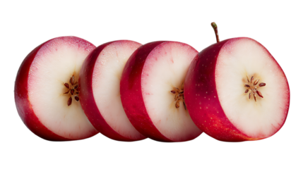 Four circular slices of a red apple, showing the white flesh and small brown seeds, arranged in a slightly overlapping row with the stem still attached to the end slice, set against a soft.