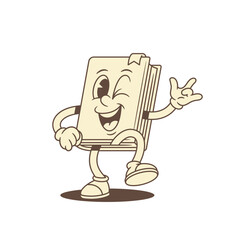 Overjoyed funny childish book cartoon character rock gesture vector illustration. Comic smiling cool minimalist literature library education reading mascot winked with positive emotion