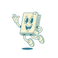 Funny childish book cartoon character flying greeting vector illustration. Cute comic minimalist literature library reading education mascot jumping hi hello with positive emotion