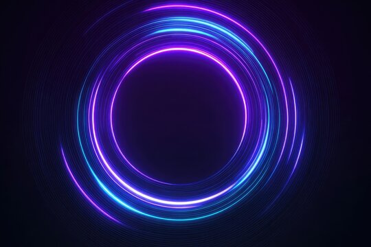 Radial abstract neon background. Laser neon lines move in a circle along a circular dark geometry. Conceptual technology background. Blue purple light spectrum