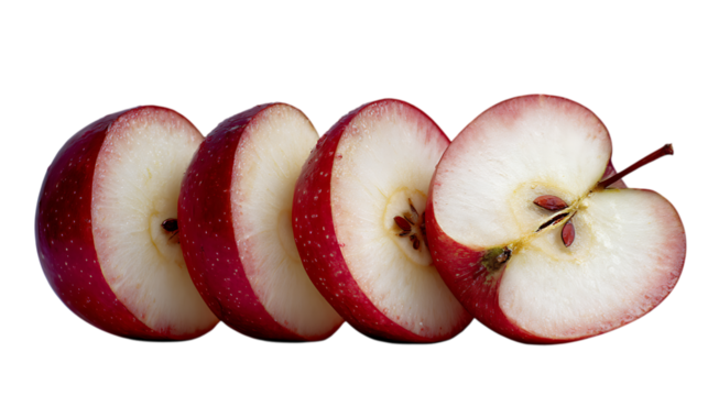 Four circular slices of a red apple, showing the white flesh and small brown seeds, arranged in a slightly overlapping row with the stem still attached to the end slice, set against a soft.