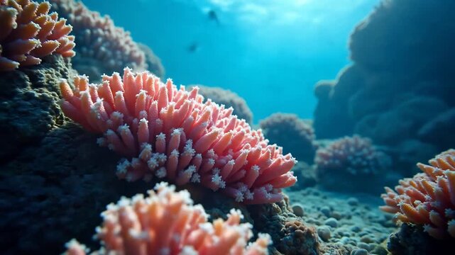 Coral Reef Underwater Scene with Sunlight and Fish