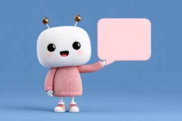 Chatbot with Message Bubble: A cute, friendly chatbot character holds up a blank speech bubble, perfect for conveying messages or ideas. It's rendered in a cartoon style.