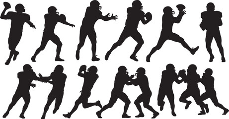 American football players silhouettes in action poses, american football, football, player, sport, athlete, silhouette, action, game, team, offense, defense, quarterback, receiver, running back, tackl