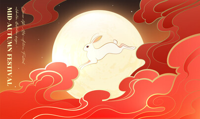 Horizontal Mid-Autumn Festival illustration of a full moon and a rabbit © jm