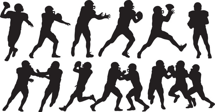 American football players silhouettes in action poses, american football, football, player, sport, athlete, silhouette, action, game, team, offense, defense, quarterback, receiver, running back, tackl
