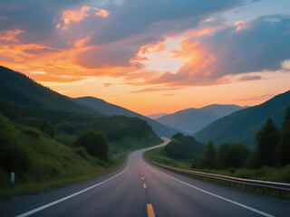Naklejka premium the Winding Highway with Verdant Forests on Both Sides under sunset light