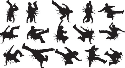 Fototapeta premium Black silhouettes of breakdancers with splash effects, breakdance, dancing, dancer, silhouette, movement, action, sport, recreation, people, human, male, female, group, collection, set, illustration, 