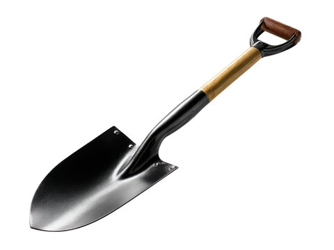 Polished metal spade with wooden handle and black grip shovel garden, Isolated, Png Transparent Background