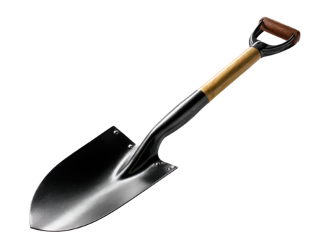 Polished metal spade with wooden handle and black grip shovel garden, Isolated, Png Transparent Background